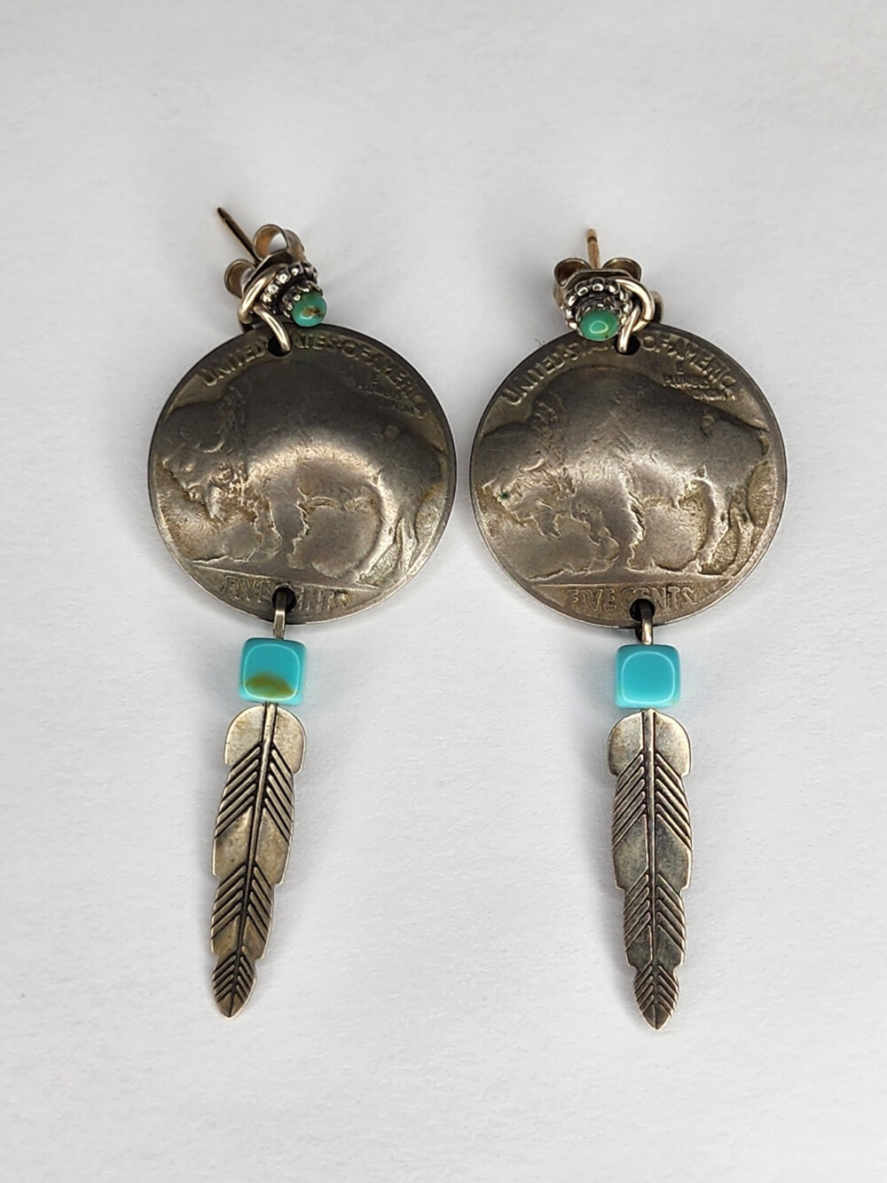 Vintage Sterling Silver Feather,  Turquoise, Buffalo Nickel Earrings